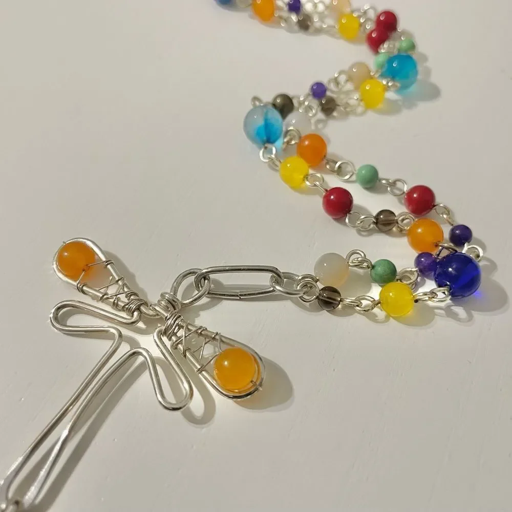 Handmade‎ Silver Dragonfly Rainbow Glass Beaded Necklace Long